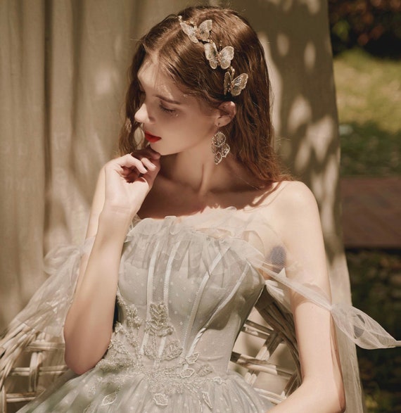 Off the Shoulder Fairy A line Wedding Bridal Dress Boho Lolita