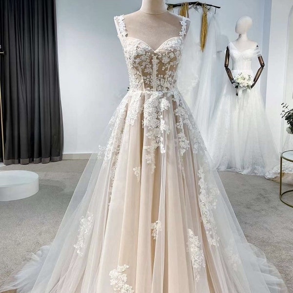 Fairy Floral Corset A-line Wedding Bridal Dress, Custom Lace Party Gown w Shoulder Strips, Unique Elopement Dress for Courthouse Wedding