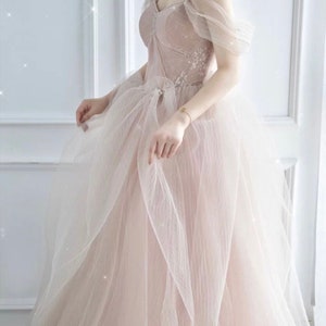 Off the Shoulder Fairy Pink Tulle A-line Wedding Bridal Dress with Detachable Sleeves, Customizable Unique Prom Party Ball Gown image 5