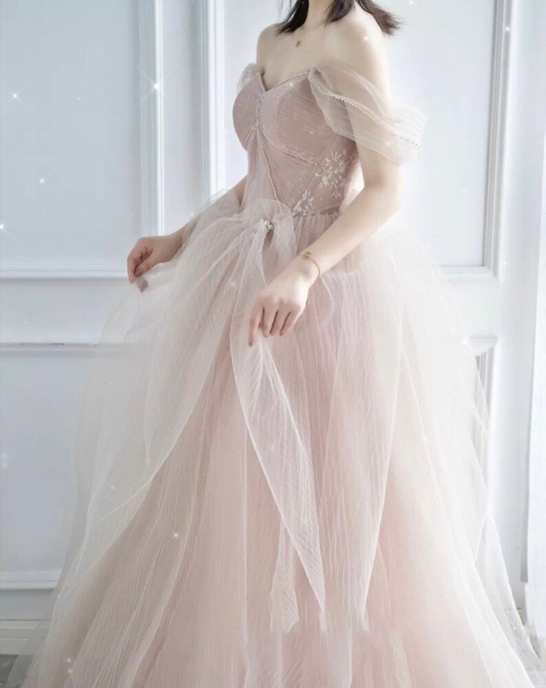 Off the Shoulder Fairy Pink Tulle A-line Wedding Bridal Dress with Detachable Sleeves, Customizable Unique Prom Party Ball Gown image 3