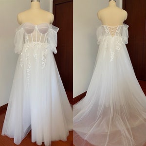 Off the Shoulder Fairy A-line Slit Wedding Dress with Detached Long Sleeves, Custom Sexy Boho Prom Party Gown