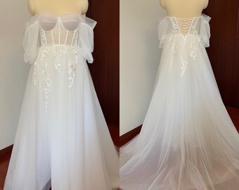 Off the Shoulder Fairy A-line Slit Wedding Dress with Detached Long Sleeves, Custom Sexy Boho Prom Party Gown