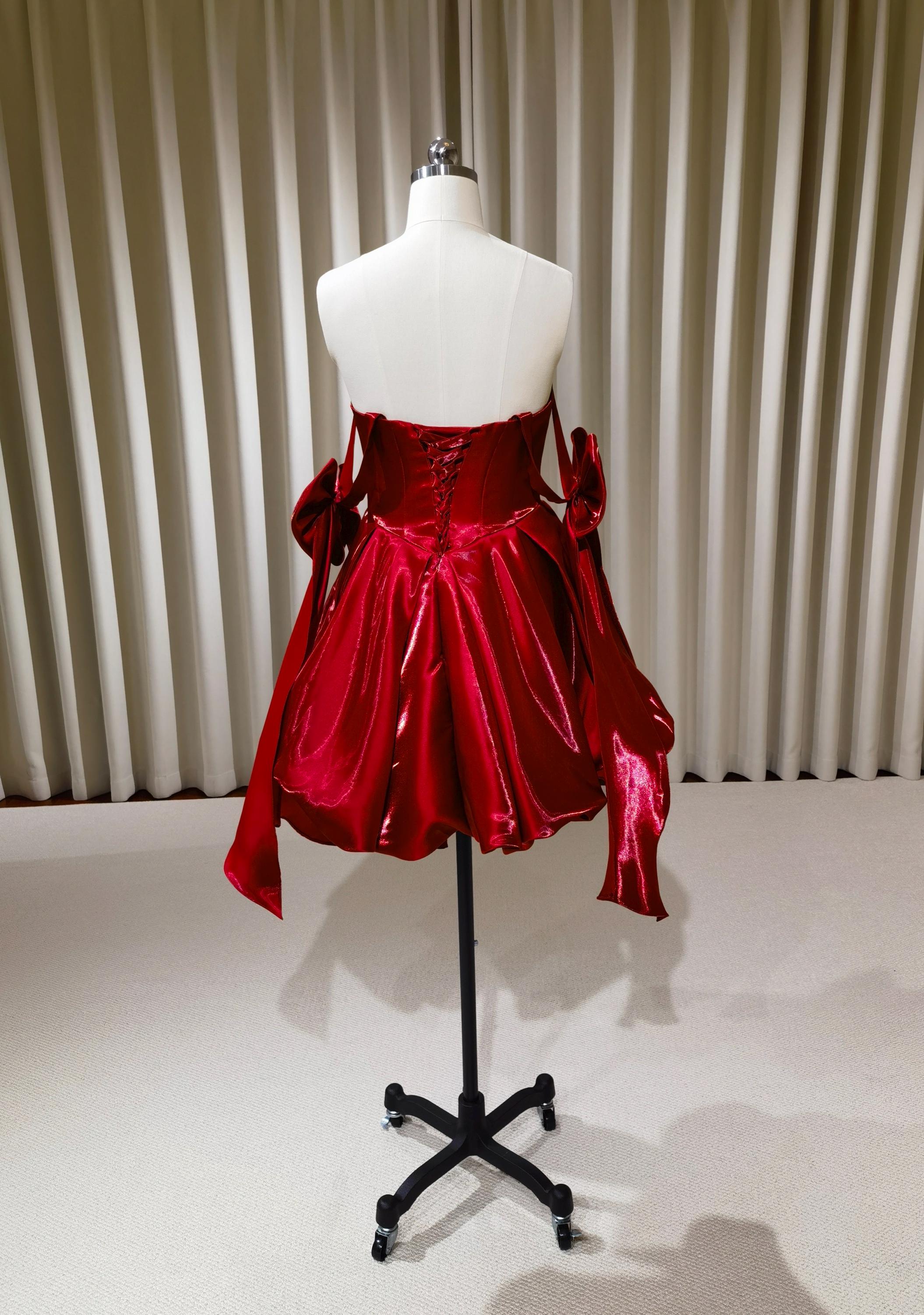 red basque dress Red Liquid Satin Corset Basque Waist Short Evening Dress | Ruby
