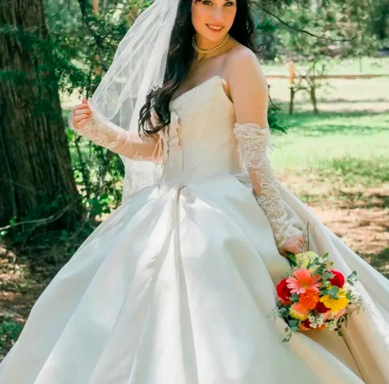 Detachable Lace Long Sleeve Satin Corset Basque Waist Wedding Ballgown with Bow | Victoria Detachable Lace Long Sleeve Satin Corset Basque Waist Wedding Ballgown with Bow | Victoria