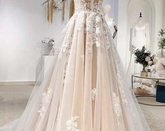 Fairy Floral Corset A-line Wedding Bridal Dress, Custom Lace Party Gown w  Shoulder Strips, Unique Elopement Dress for Courthouse Wedding