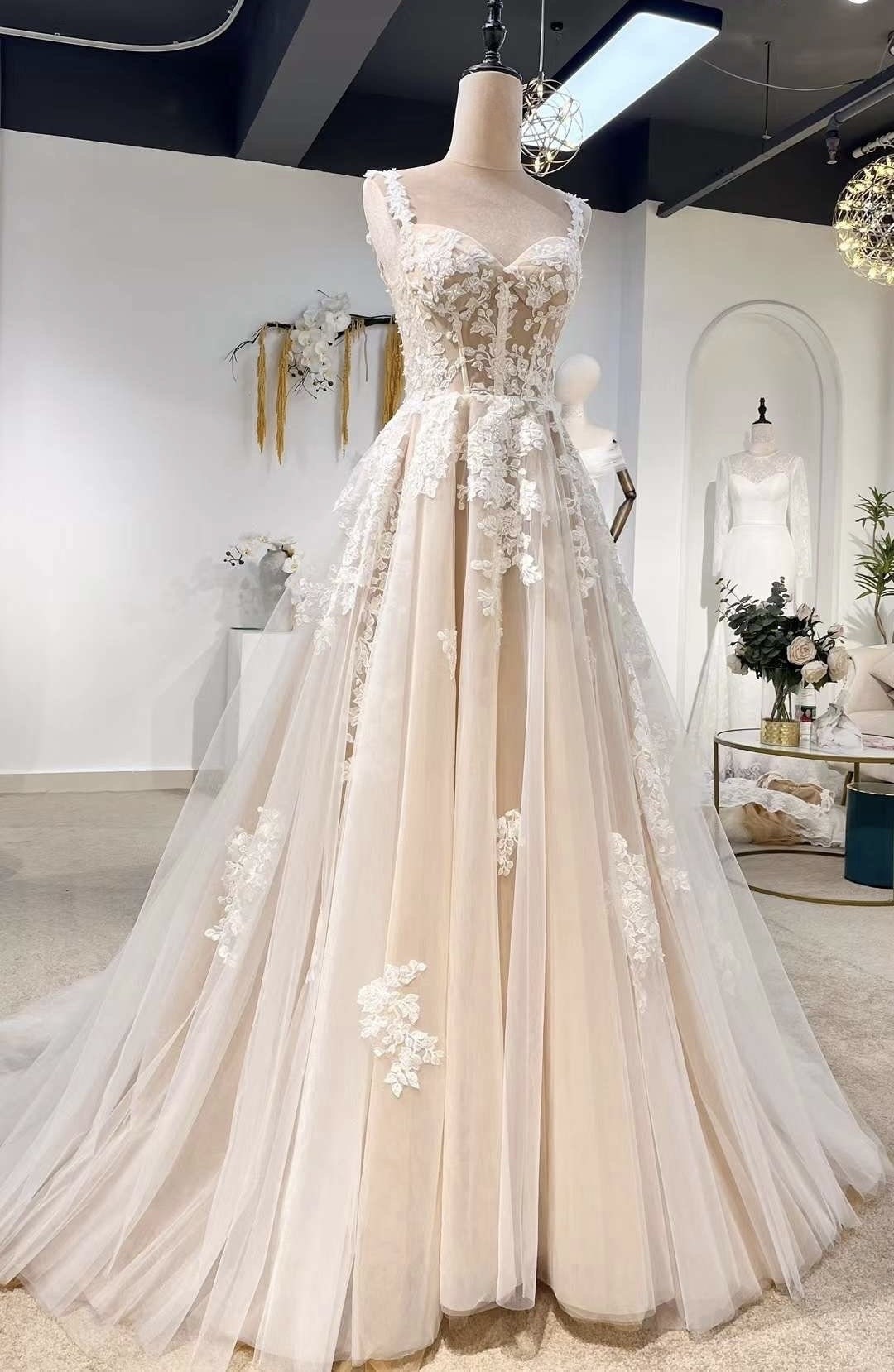 Fairy Floral Corset A-line Wedding Bridal Dress, Custom Lace Party