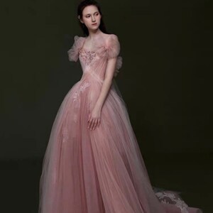 Pink Fairy A-line Tulle Wedding Dress With Handmade Flower Romantic ...