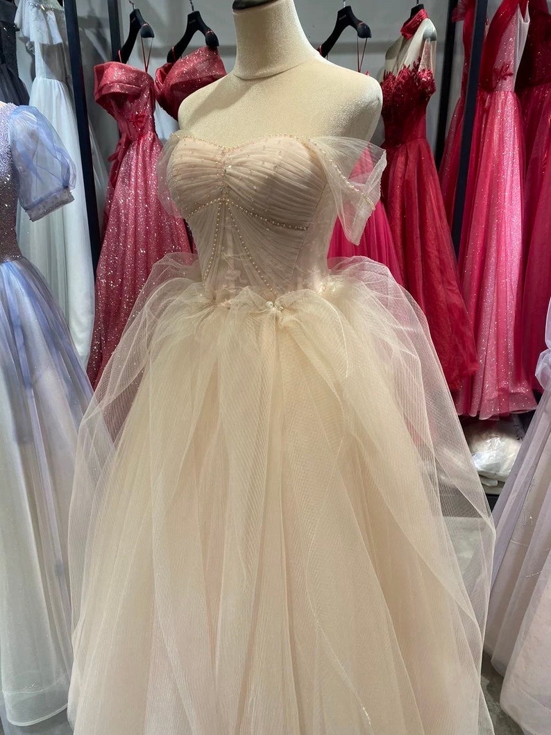 Off the Shoulder Fairy Pink Tulle A-line Wedding Bridal Dress with Detachable Sleeves, Customizable Unique Prom Party Ball Gown image 2