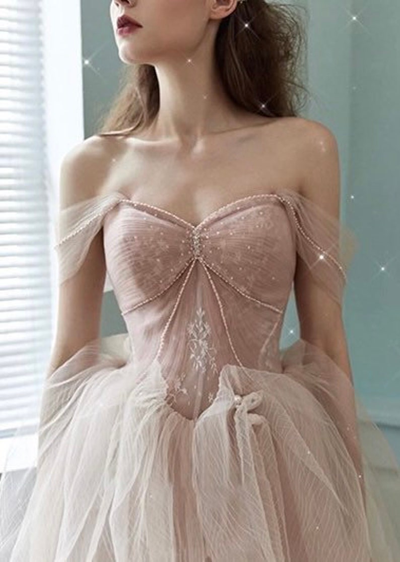 Off the Shoulder Fairy Pink Tulle A-line Wedding Bridal Dress with Detachable Sleeves, Customizable Unique Prom Party Ball Gown image 1