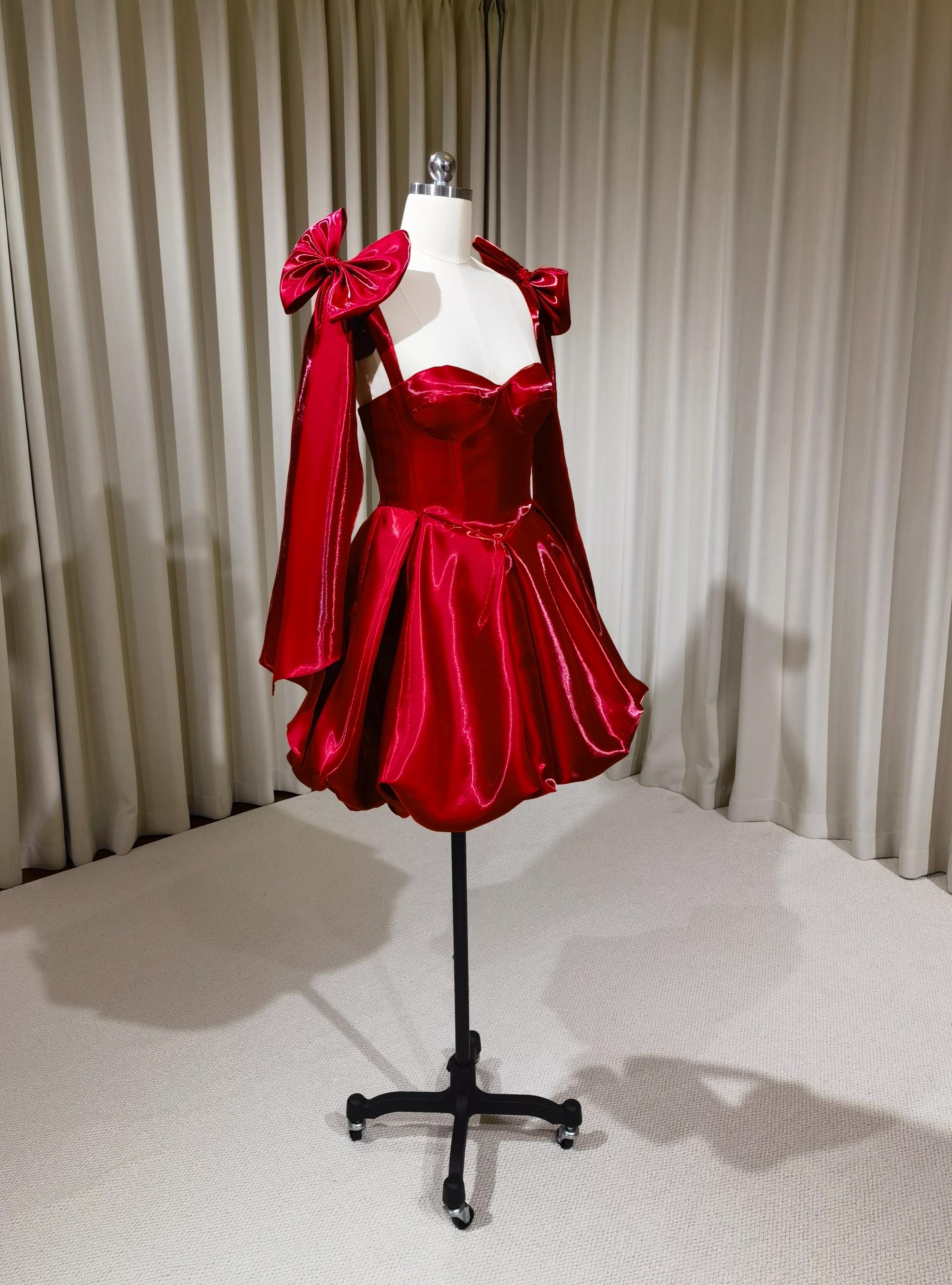 red basque dress Red Liquid Satin Corset Basque Waist Short Evening Dress | Ruby
