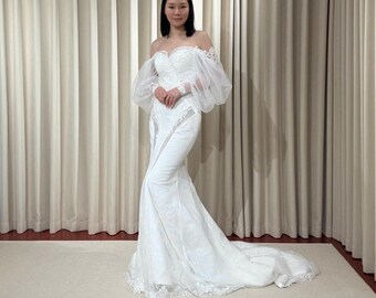 mermaid style wedding dress with detachable train Charming Crew Neck Lace Appliques Mermaid Wedding Bridal Gowns with Detachable Train