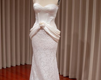 Drop Waist Satin Lace Combined Mermaid Wedding Dress with 3D Flower