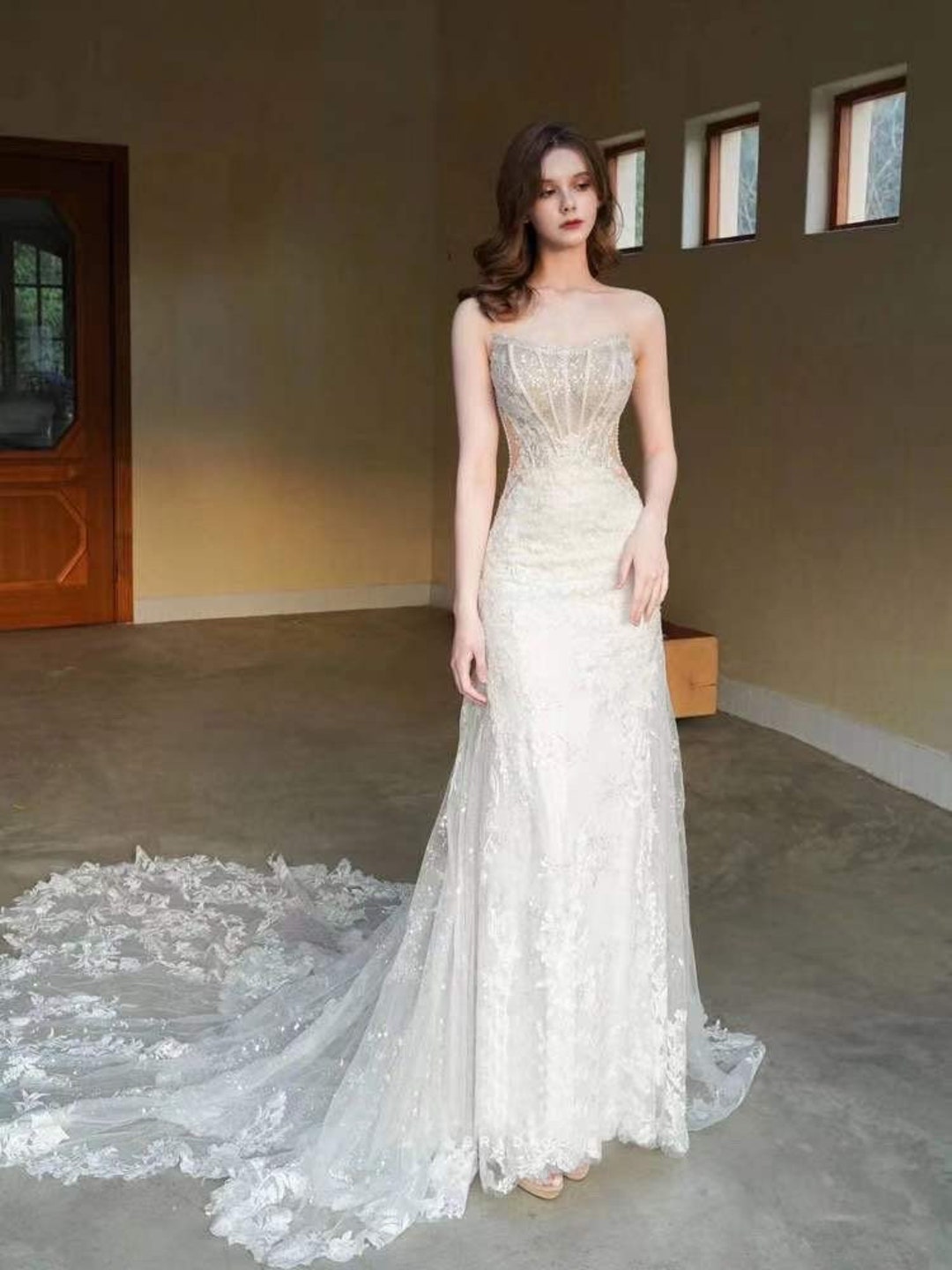 Fairy Beaded Lace Mermaid Wedding Prom Dress, Custom Simple Modest ...