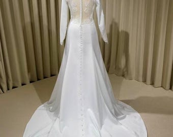 Long Sleeve Twilight Satin Wedding Dress with Lace Back | Bella Long Sleeve Twilight Satin Wedding Dress with Lace Back | Bella