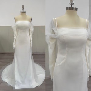 Minimalist Long Sleeve Satin Mermaid Wedding Prom Dress, Custom Simple Courthouse Civil Reception Dress, Casual Elopement Rehearsal Dress