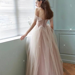 Off the Shoulder Fairy Pink Tulle A-line Wedding Bridal Dress with Detachable Sleeves, Customizable Unique Prom Party Ball Gown image 2