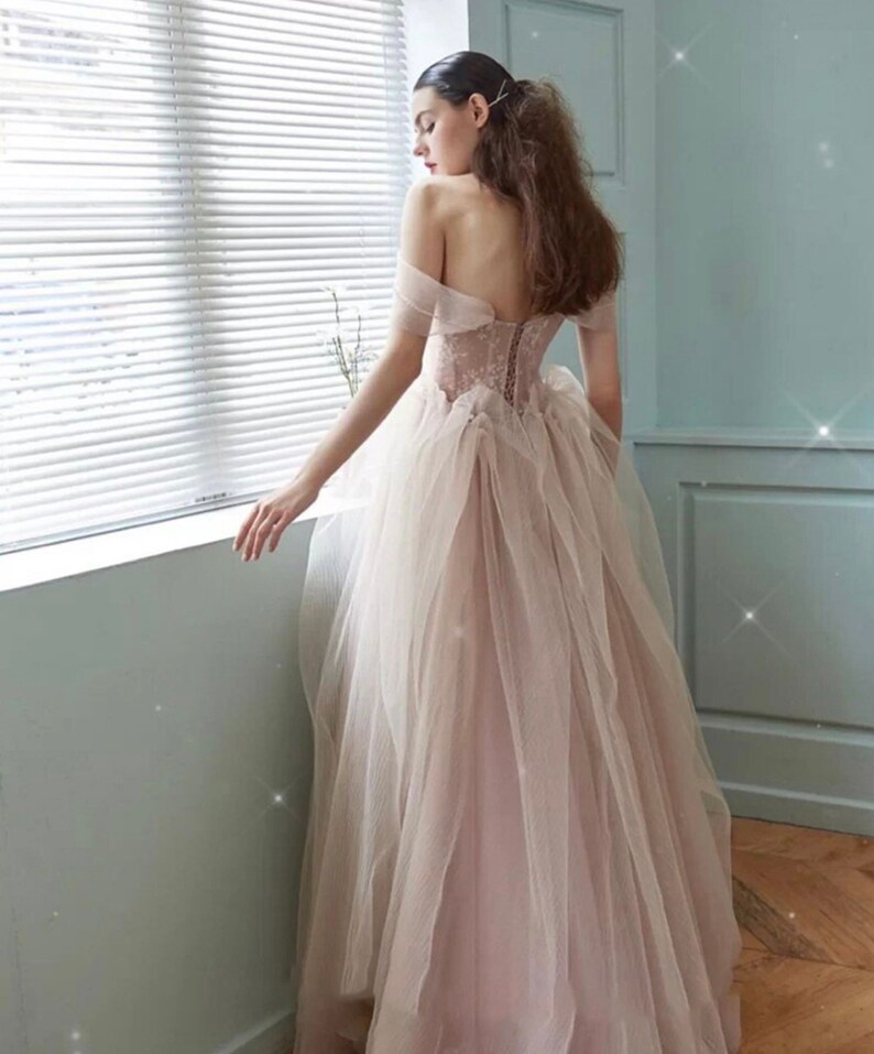 Off the Shoulder Fairy Pink Tulle A-line Wedding Bridal Dress with Detachable Sleeves, Customizable Unique Prom Party Ball Gown image 2