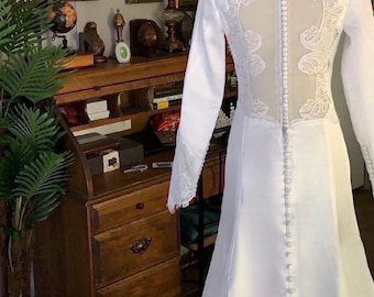 Bella | Custom Twilight Ivory Satin Lace Back Wedding Bridal Dress, Minimalist Long Sleeve A-Line Elegant Party Gown