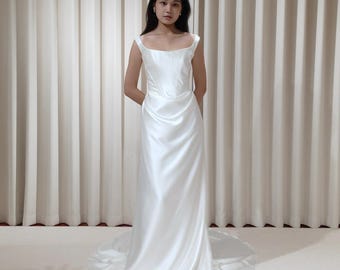 Satin Corset Basque Waist Wedding Dress with Shoulder Straps, Custom Bridal Gown | Kelly