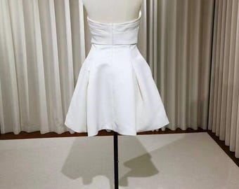 Strapless Satin Short Wedding Dress with 3D Handmade Flower | Evelyn