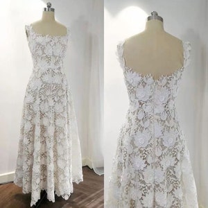 Naomi | Unique Lace Embroidered Midi Wedding Dress, Courthouse Civil Reception Elopement Dress, Engagement Bridal Shower Rehearsal Gown