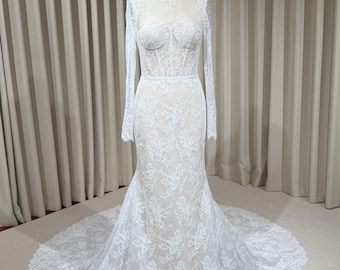High Neck Long Sleeve Lace Corset Mermaid Wedding Dress with Open Back | Eloise