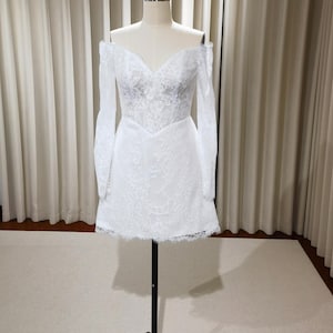 Esme | Long sleeve off shoulder basque waist lace short wedding dress, Rehearsal dinner Custom Elopement Bridal shower Engagement dress