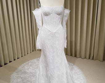 Off the Shoulder Lace Corset Mermaid Wedding Dress with Detachable Long Sleeves, Custom Floral Bridal Gown | Natalia