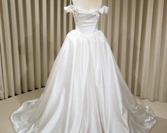 Off Shoulder Basque Waist Unique Satin Wedding Ballgown | Bianca