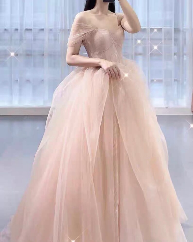 Off the Shoulder Fairy Pink Tulle A-line Wedding Bridal Dress with Detachable Sleeves, Customizable Unique Prom Party Ball Gown image 7