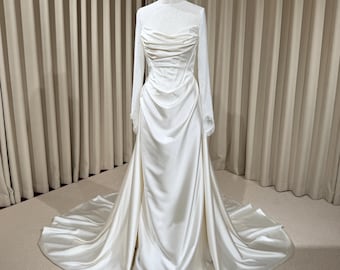 Minimalist High Neck Long Sleeve Lace Top and Satin Corset Wedding Dress with Detachable Train | Hannan
