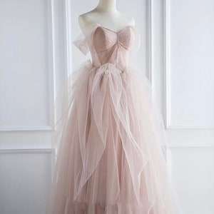 Off the Shoulder Fairy Pink Tulle A-line Wedding Bridal Dress with Detachable Sleeves, Customizable Unique Prom Party Ball Gown image 3