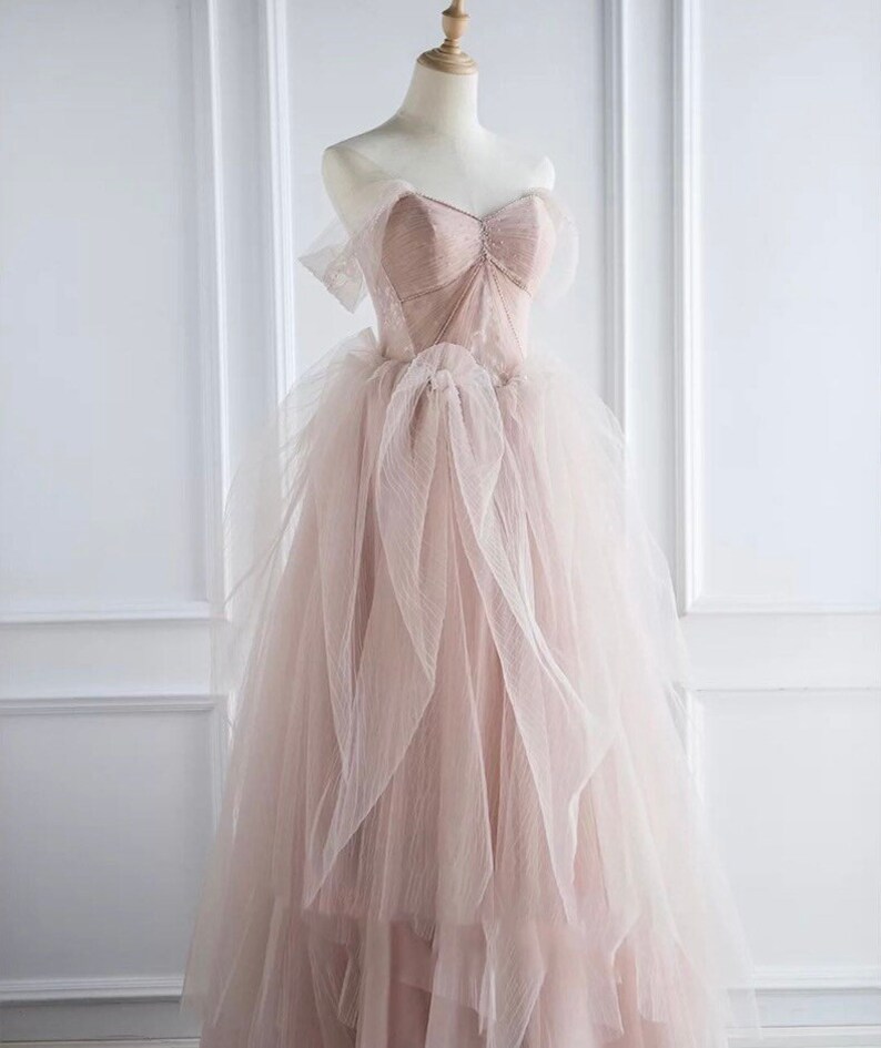 Off the Shoulder Fairy Pink Tulle A-line Wedding Bridal Dress with Detachable Sleeves, Customizable Unique Prom Party Ball Gown image 3