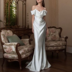 Minimalist off the Shoulder Ivory Satin Wedding Bridal Dress, Custom ...