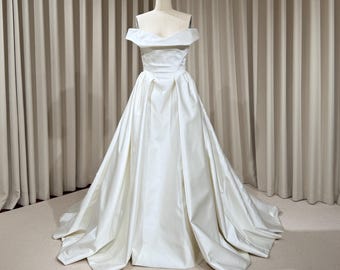 Off Shoulder Basque Waist Unique Satin Wedding Ballgown | Aurelia