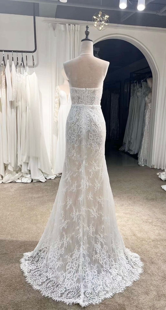 chinese dress ladies Strapless Short Lace Mini Wedding Dress by Andrea & Leo Couture WL084 Off White-Nude / 6