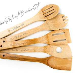 Custom Engraved Bamboo Cooking Spoons Set, Non Stick Wooden Kitchen Cookware, Baking Gift for Housewarming, Wedding, Birthday, Foodie Gift