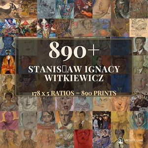 May include: A digital collage of 890+ portraits and artworks by Stanisław Ignacy Witkiewicz, featuring a grid of diverse faces and figures in various styles. The central text reads 890+ STANISŁAW IGNACY WITKIEWICZ and 178 x 5 RATIOS = 890 PRINTS.