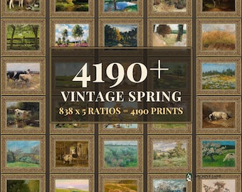 Vintage-Frühlings-Wandbild-Set | 838 Kunstdrucke mit blühenden Wiesenmotiven, frisches Grün im Cottagecore-Stil, sofort zum Ausdrucken