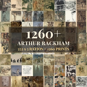 Op de afbeelding: Een digitale collectie van 1260+ Arthur Rackham prenten met een raster van diverse historische illustraties. De centrale tekst luidt 1260+ ARTHUR RACKHAM 252 X 5 RATIOS = 1260 PRINTS, met een klein Archive Lane logo in de rechterbenedenhoek.