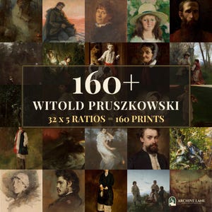 May include: A digital collection of 160+ art prints by Witold Pruszkowski, featuring a grid of various oil paintings including portraits, landscapes, and figures. The central text reads 160+ WITOLD PRUSZKOWSKI 32 X 5 RATIOS = 160 PRINTS.