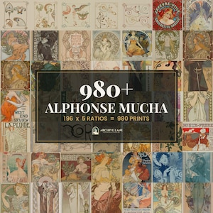 May include: A digital collection of 980+ Alphonse Mucha art prints featuring 196 images in 5 ratios. The collage displays various vintage posters with floral motifs, female figures, and decorative borders. Text reads 980+ ALPHONSE MUCHA 196 x 5 RATIOS = 980 PRINTS.