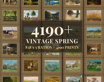 Vintage-Frühlings-Wandbild-Set | 838 Kunstdrucke mit blühenden Wiesenmotiven, frisches Grün im Cottagecore-Stil, sofort zum Ausdrucken
