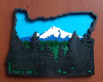 3D Layered Oregon Mt Hood Wall Art, Multi Layered, Wooden Art, Nature Wall Art, Wall Decor, Nature, Oregon, Bohemian Wall Art