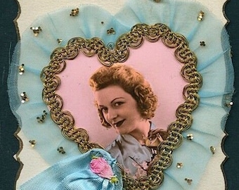 French 1950s HANDMADE Postcard Collage KITSCH Tinted Real Photo Blue Fabric Charming WOMAN