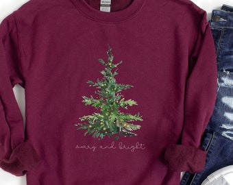 Merry & Bright Sweatshirt, Cute Holiday shirt, Christmas Tree with Lights shirt, Festive Christmas sweater