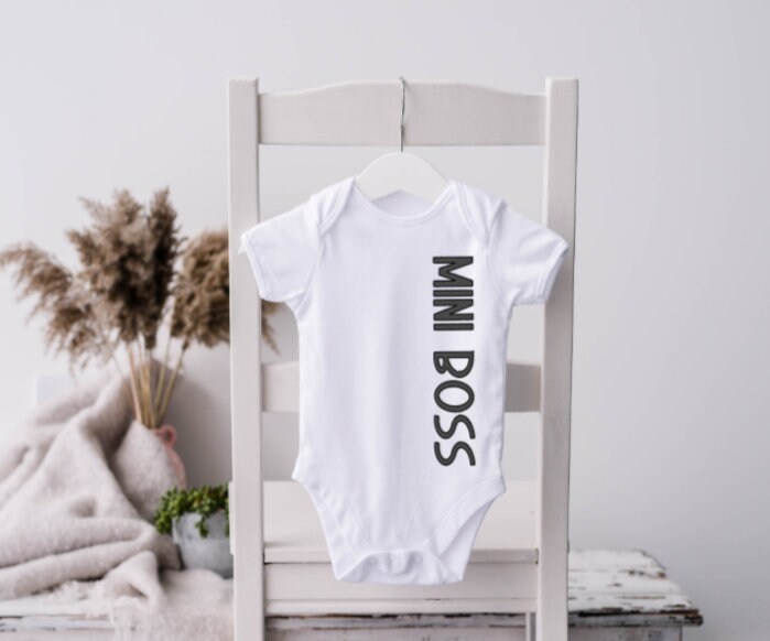 Mini Boss baby onesie body suit. first birthday onesie. new baby onesie. funny onesie. iron on decal