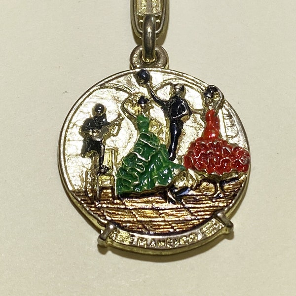 Sevillanas Dancers Enamel Porte-clés vintage Gold Tone Metal Flamenco Keyring