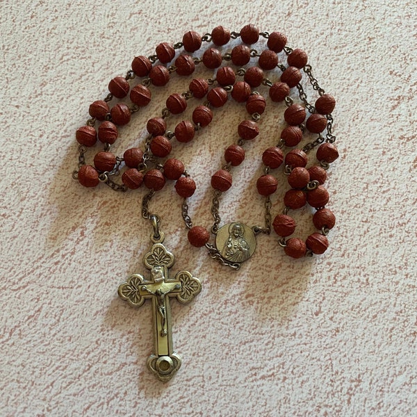 Vintage Rosary Chaplet with Petal Rose Beads. Cross with Reliquary of Saint Teresa. Sacred Heart Medal. Rosary Necklace. Prayer Beads