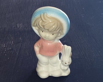 Vintage Small Porcelain Boy with Bunny Rabbit Figurine